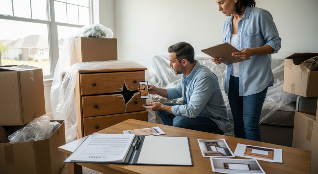 Family reviewing damaged furniture and moving claim paperwork in new home
