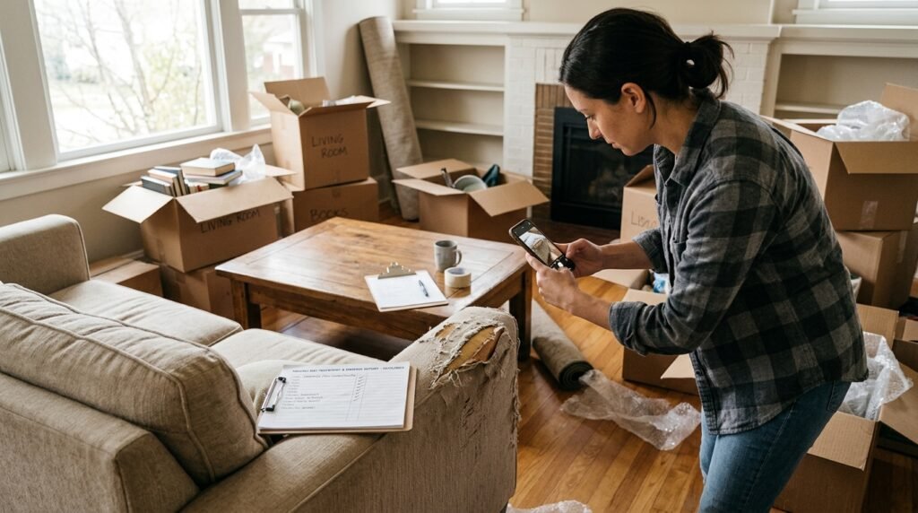 Person documenting damaged furniture and boxes with moving claim paperwork on a table