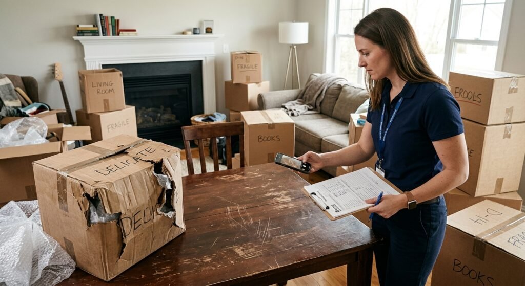 Person photographing damaged furniture and organizing moving claim paperwork