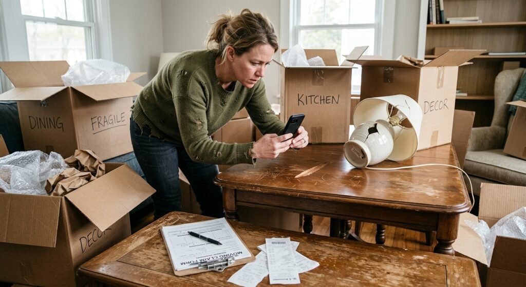 Homeowner photographing damaged furniture after a move with claim paperwork on table