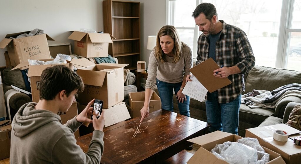 Family documenting damaged furniture and boxes while reviewing moving claim paperwork
