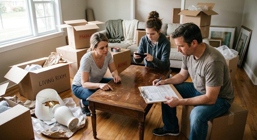 Consumer photographing damaged furniture and checking moving paperwork after delivery