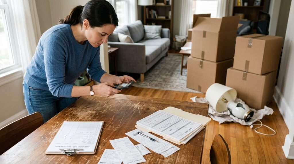 Consumer photographing damaged furniture and organizing moving claim paperwork.