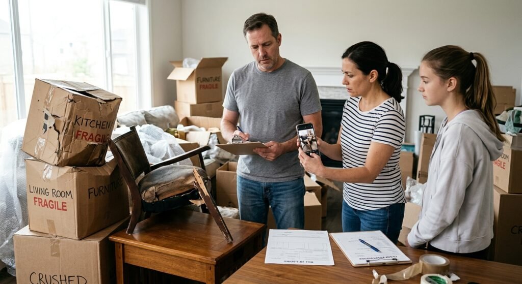 Homeowner photographing damaged furniture and boxes while reviewing moving claim paperwork