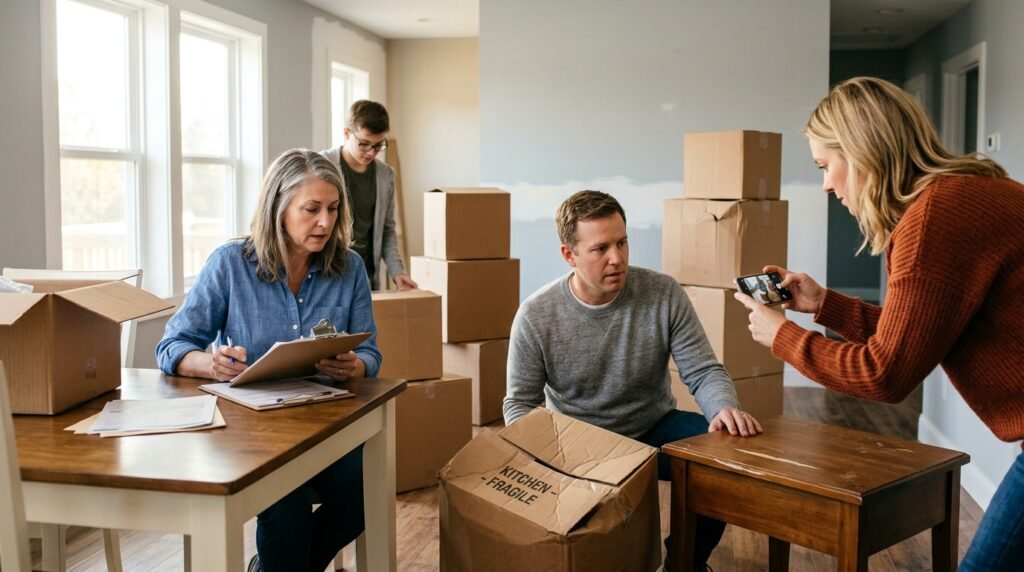 Family documenting damaged furniture and boxes after a bad moving experience