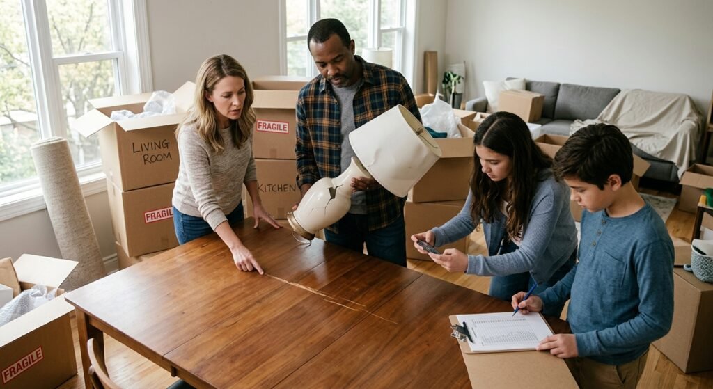 Family photographing damaged furniture and checking moving paperwork after a move.