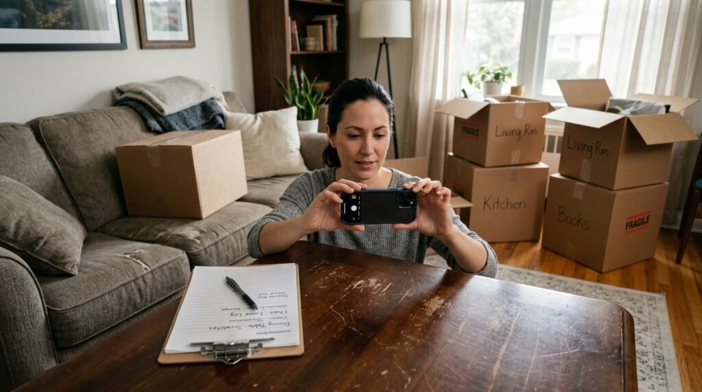 Tenant photographing scratched table and documenting a moving damage claim