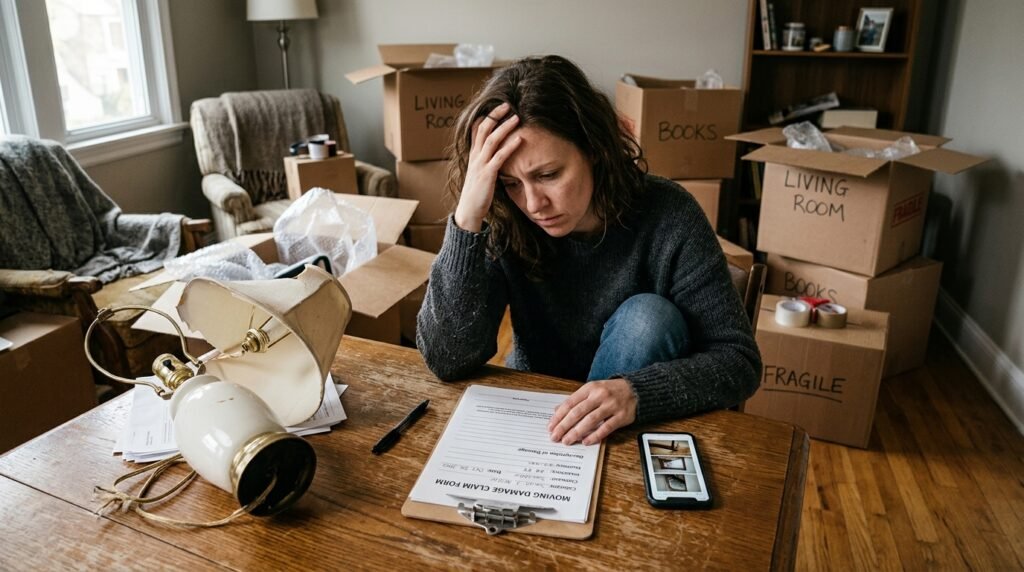 Person reviewing moving damage claim paperwork beside scratched furniture and boxes