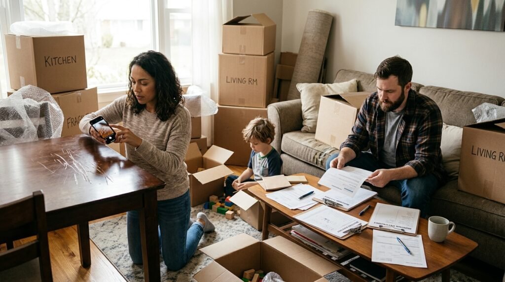 Family documenting damaged furniture and moving paperwork after a dispute with movers