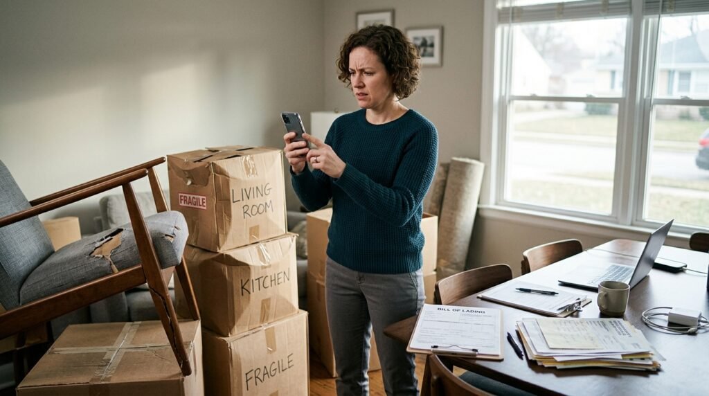 Homeowner documenting damaged furniture and boxes for a moving company dispute claim