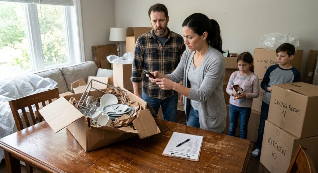 Person photographing damaged furniture and boxes next to moving claim paperwork
