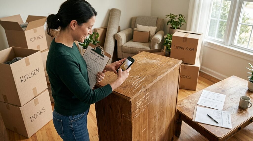 Person documenting scratched dresser and paperwork for a moving damage claim file