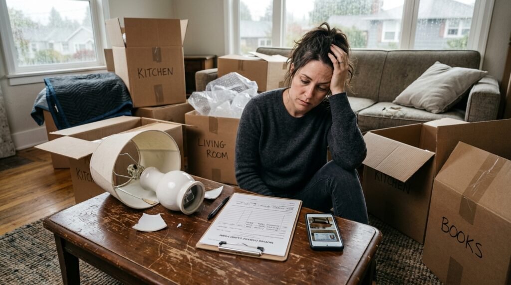 Person documenting damaged furniture and boxes after a move with claim paperwork and phone photos