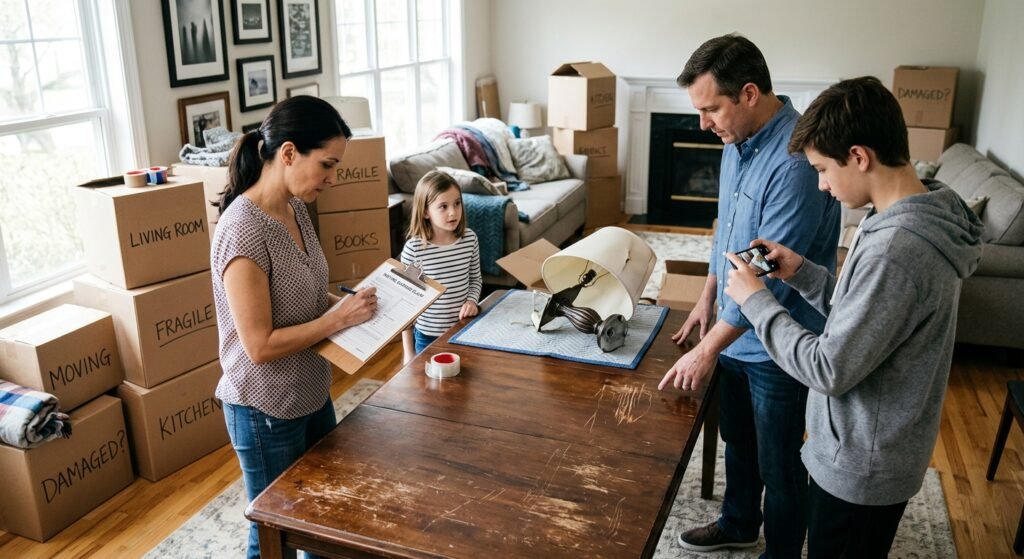 Family documenting damaged furniture and filing a moving damage claim in their new home