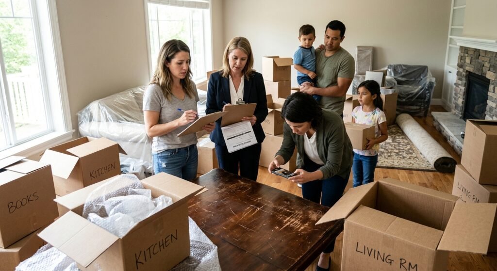 Person photographing damaged furniture and moving claim paperwork in a new home