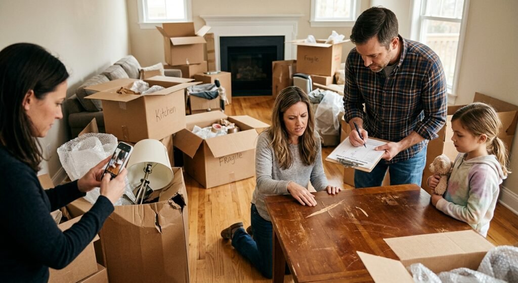 Family photographing damaged furniture and boxes while reviewing moving claim paperwork
