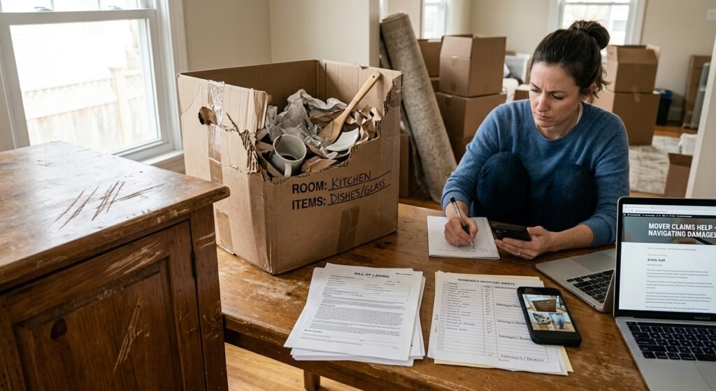 Person organizing photos and paperwork for a moving damage claim at home table