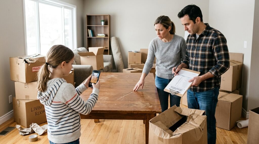 Person photographing damaged furniture and reviewing moving claim paperwork