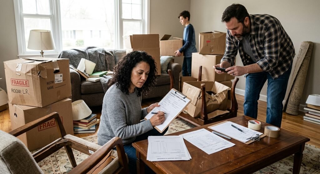 Family reviewing damaged furniture and moving claim paperwork after a move